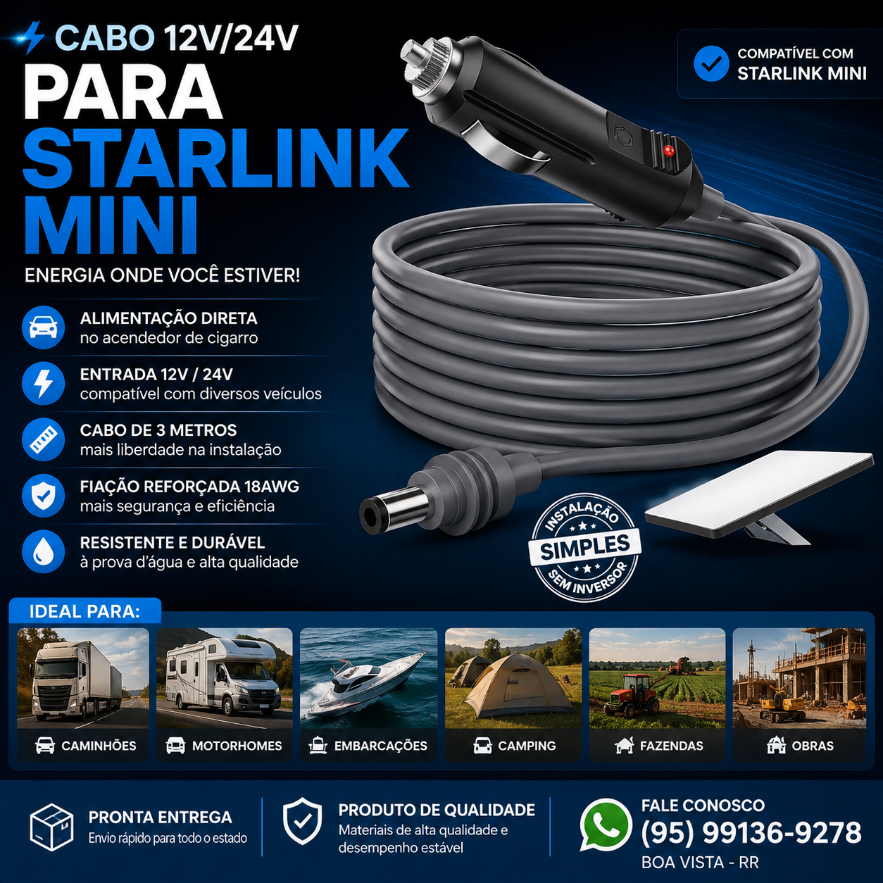 Cabo 12V/24V para Starlink Mini